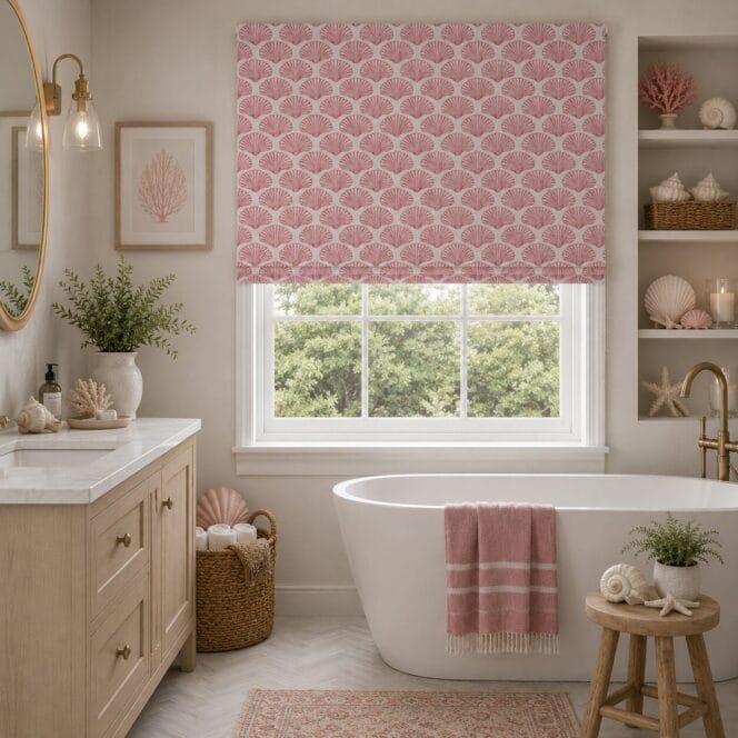 Barneby Gates Scallop Shell Red on Natural Roman Blind Barneby Gates Scallop Shell Red on Natural Roman Blind