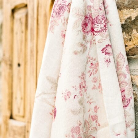 Mia Rouge & Dove on Stone Linen Peony & Sage Roman Blind