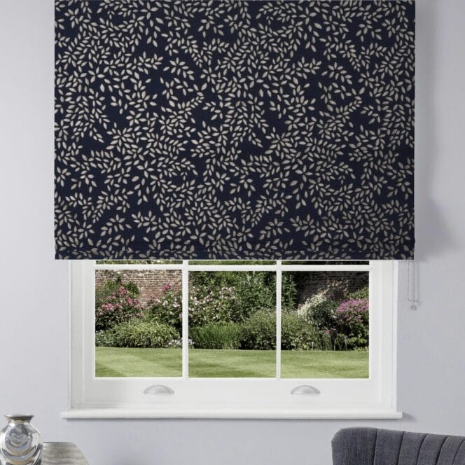 Sara Miller Metallic Leaves Smokey Blue Roman Blind