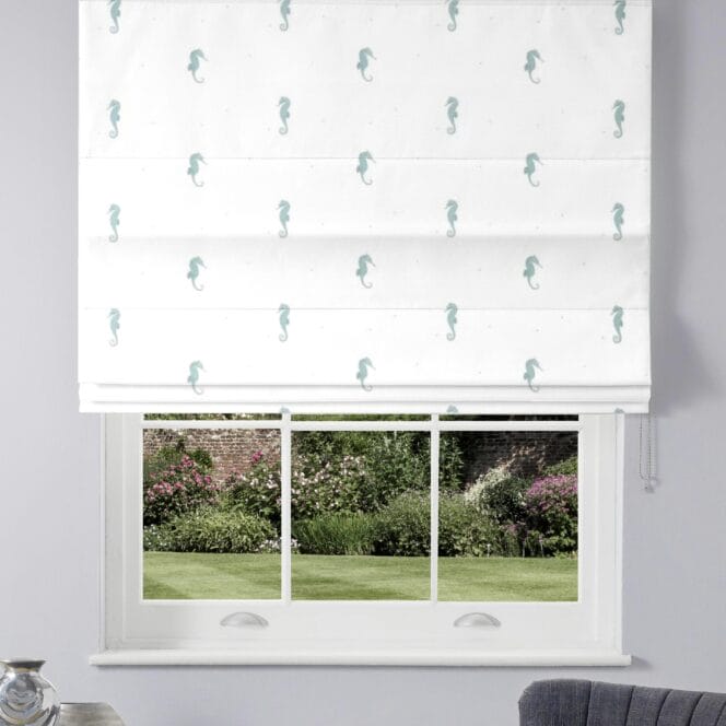 Sara Miller Seahorse Sateen Aqua Roman Blind