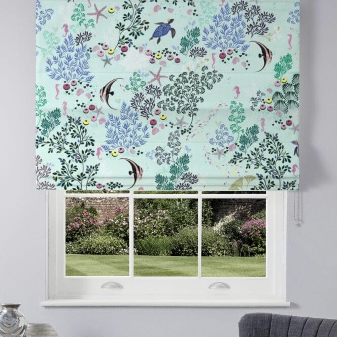 Sara Miller Underwater Sateen Aqua Roman Blind