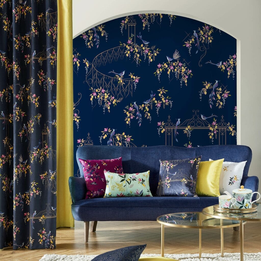 Sara Miller Bird and Gate Velvet Deep Navy Curtains