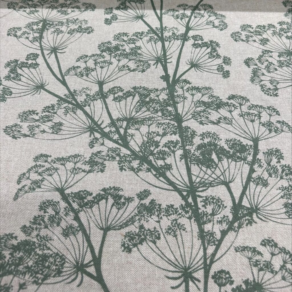 Sewing House Cow Parsley Apple Green on Natural Roman Blind