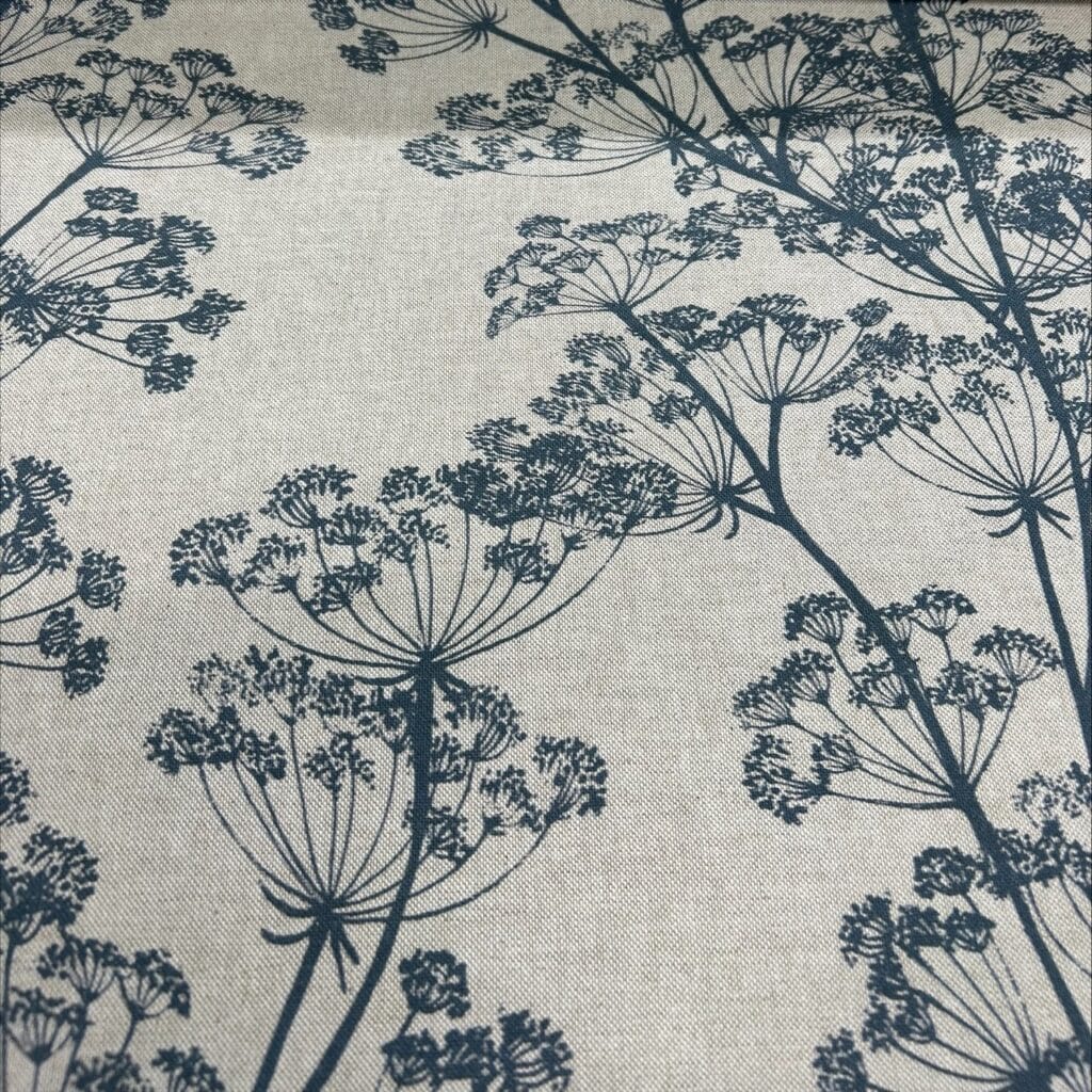 Sewing House Cow Parsley Indigo on Natural Roman Blind