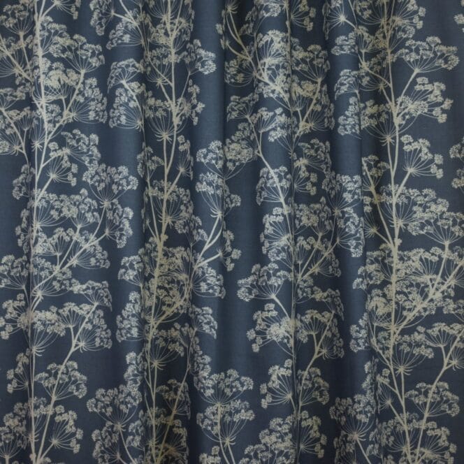 Sewing House Cow Parsley Indigo On Natural Curtains