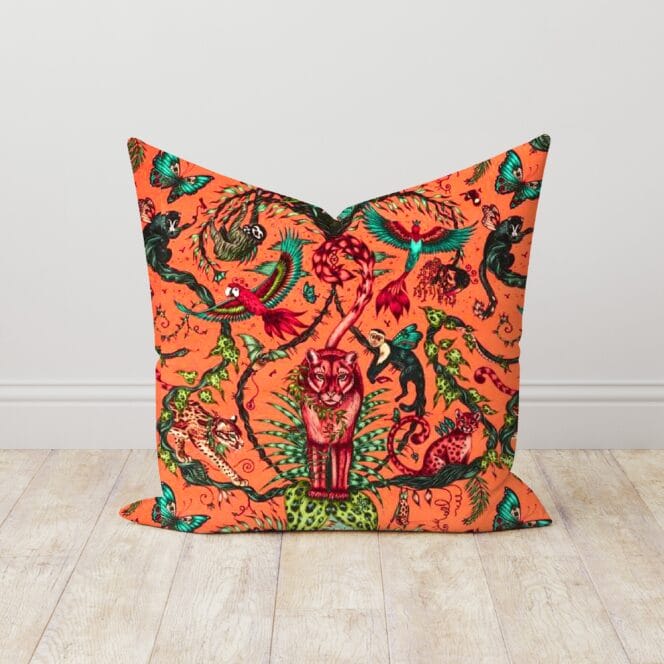 Emma J Shipley Bosque Dreams Velvet Coral Cushion