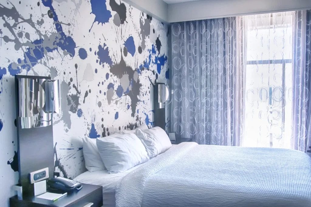 blue made-to-measure curtains in a hotel room