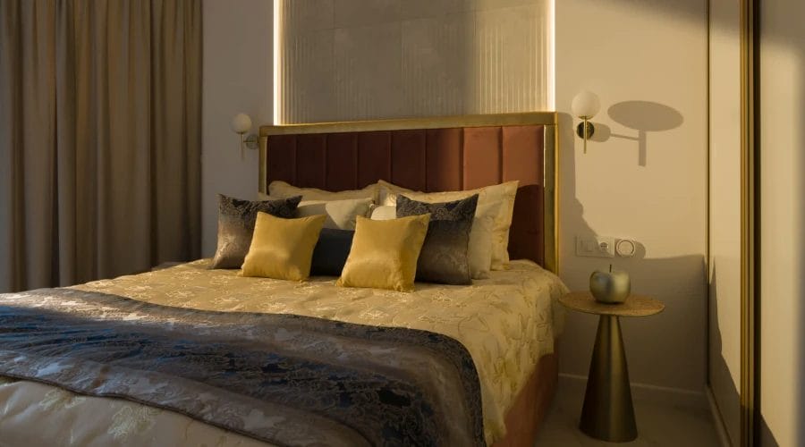 Olive made-to-measure curtains in a hotel room