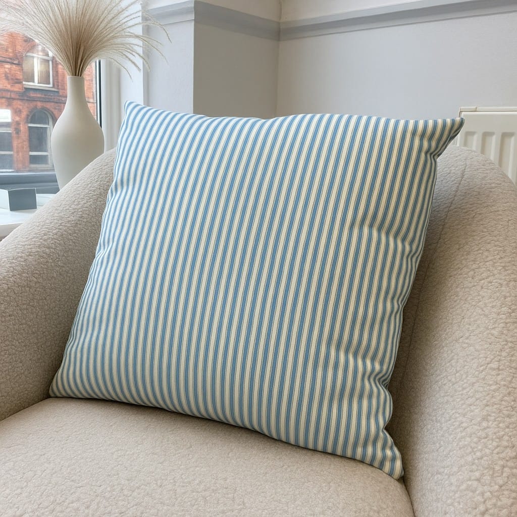 Ian Mankin Skinny Ticking Stripe 2 Sky Cushion Ian Mankin Skinny Ticking Stripe 2 Sky Cushion