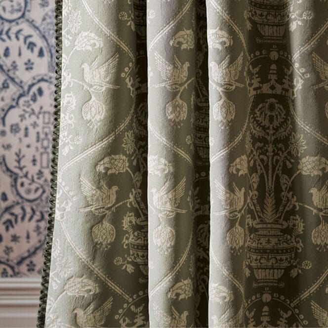 Highgrove Damask Silver & Green Curtains