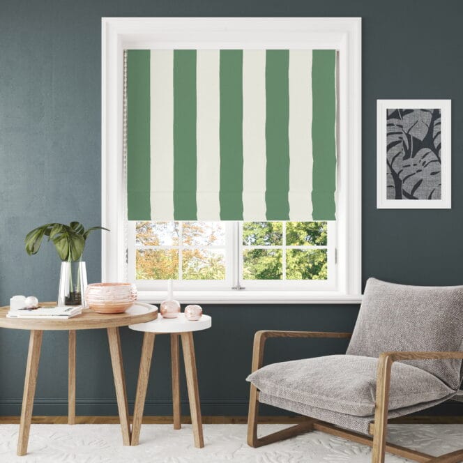 Woodchip & Magnolia Awning Stripe Green Magnolia Roman Blind