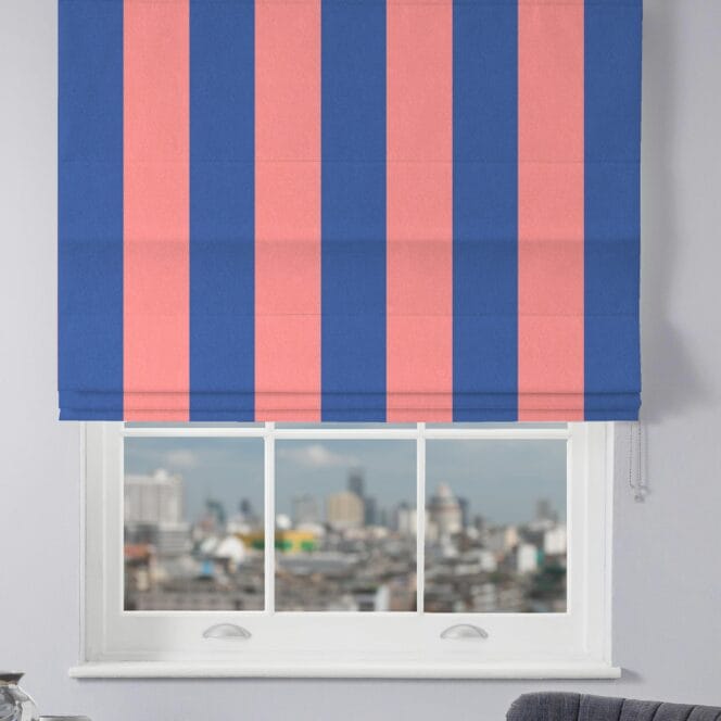 Woodchip & Magnolia Awning Stripe Electric Blue Roman Blind