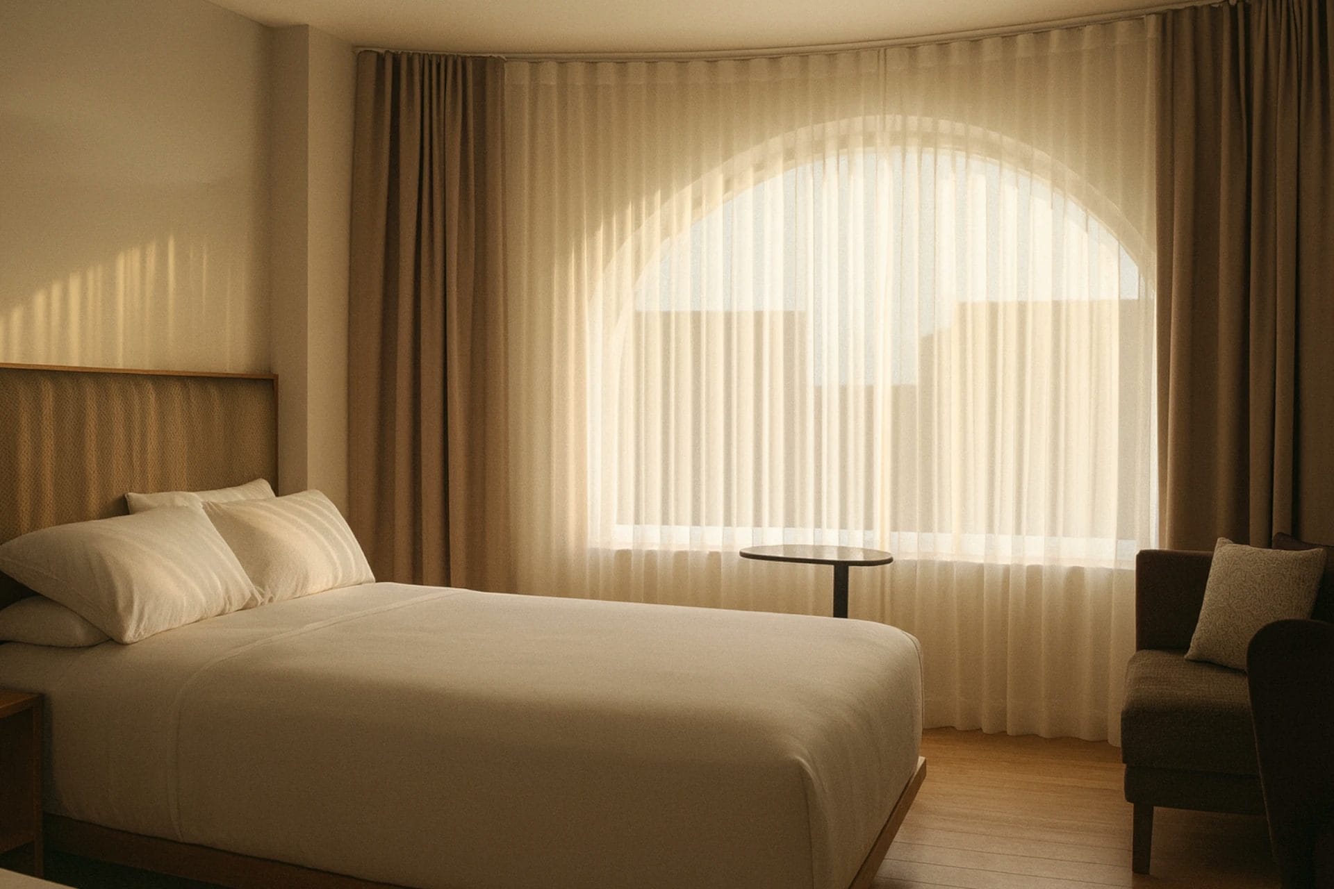 Sun coming through light made-to-measure curtains in bedroom