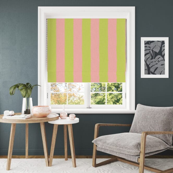 Woodchip & Magnolia Awning Stripe Lime Rose Roman Blind