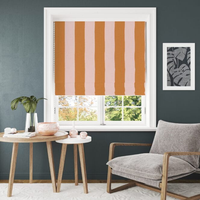 Woodchip & Magnolia Awning Stripe Pink Cloud Gorse Roman Blind