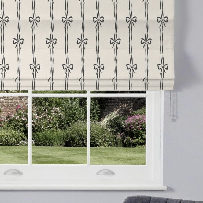 Woodchip & Magnolia Bow Peep Charcoal Linen Roman Blind Woodchip & Magnolia Bow Peep Charcoal Linen Roman Blind