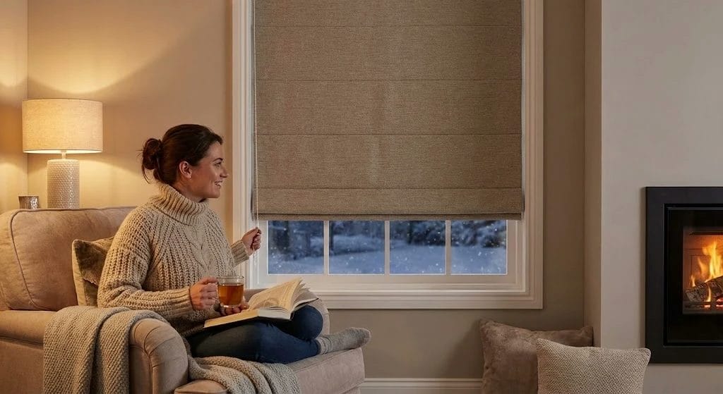 Lady content and warm looking at fireplace