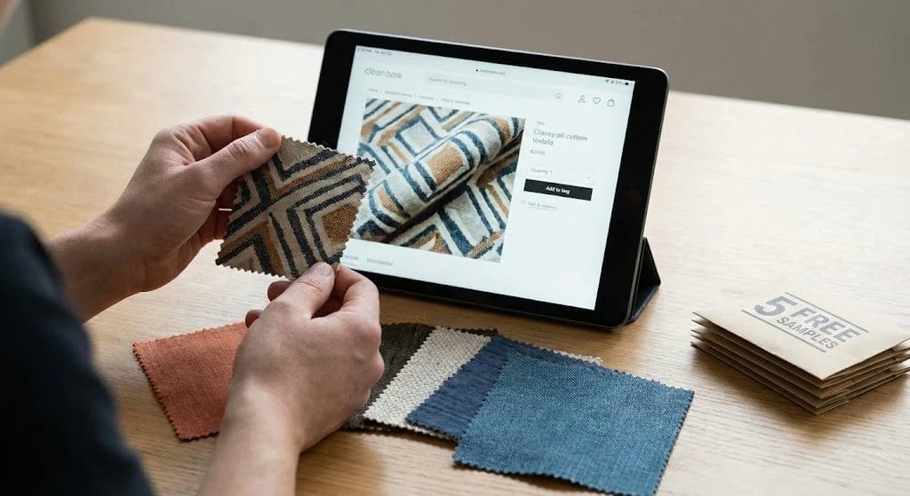 Person checking fabric samples.webp
