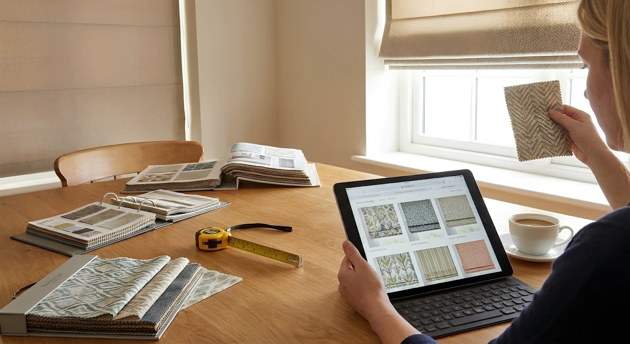 Person checking fabric samples for roman blinds