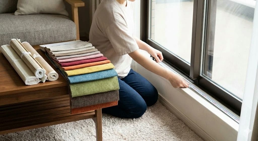 Person taking measurements for blinds