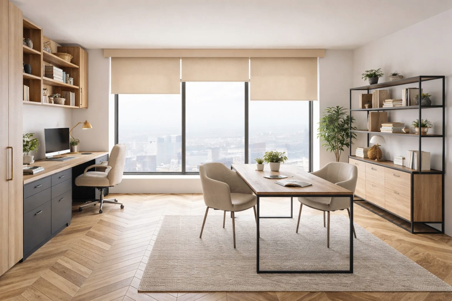 An office with cream roman blinds
