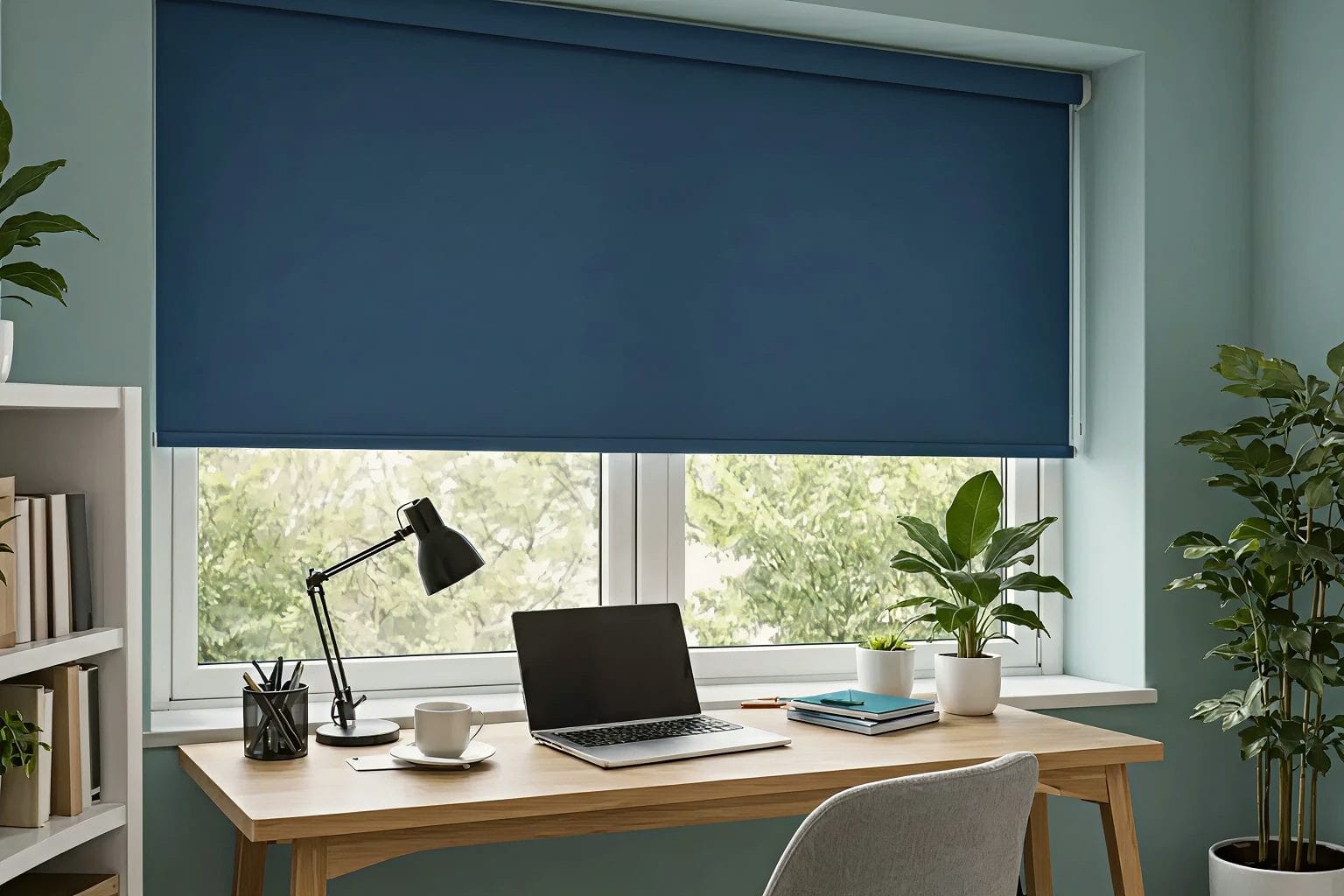 An office with blue roman blinds