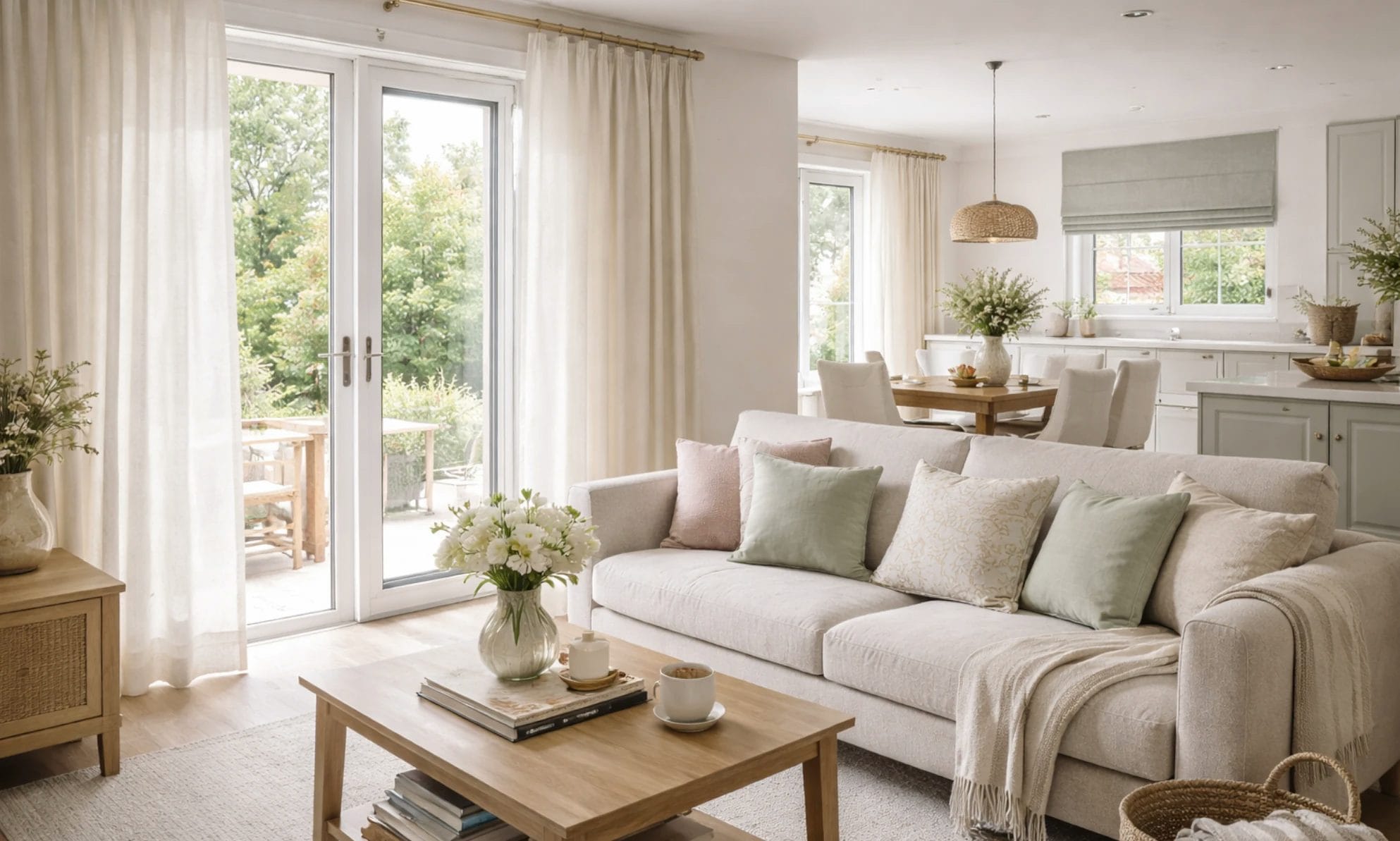an open plan living room and dining area
