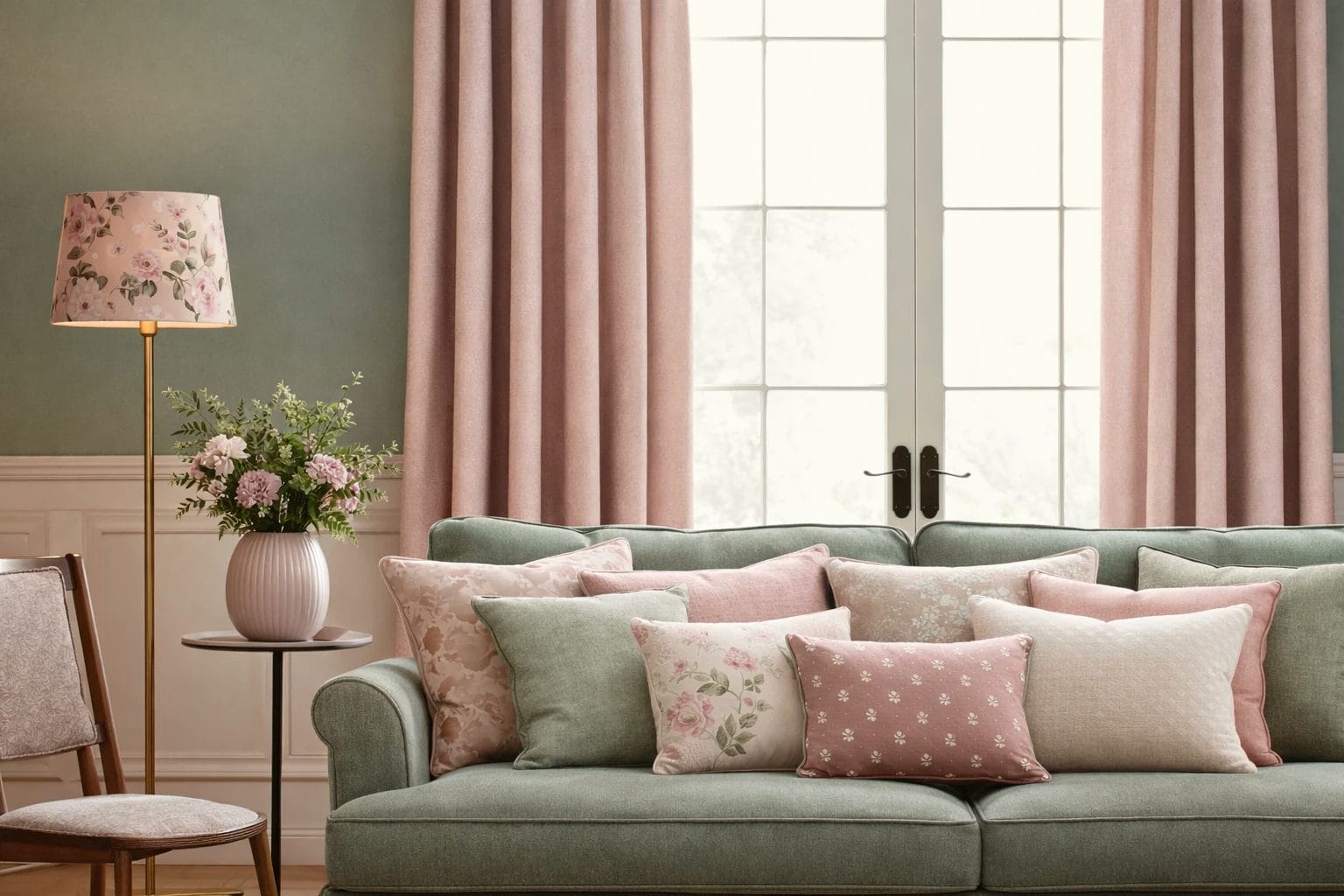 Living room with pink curtains and soft furnishings