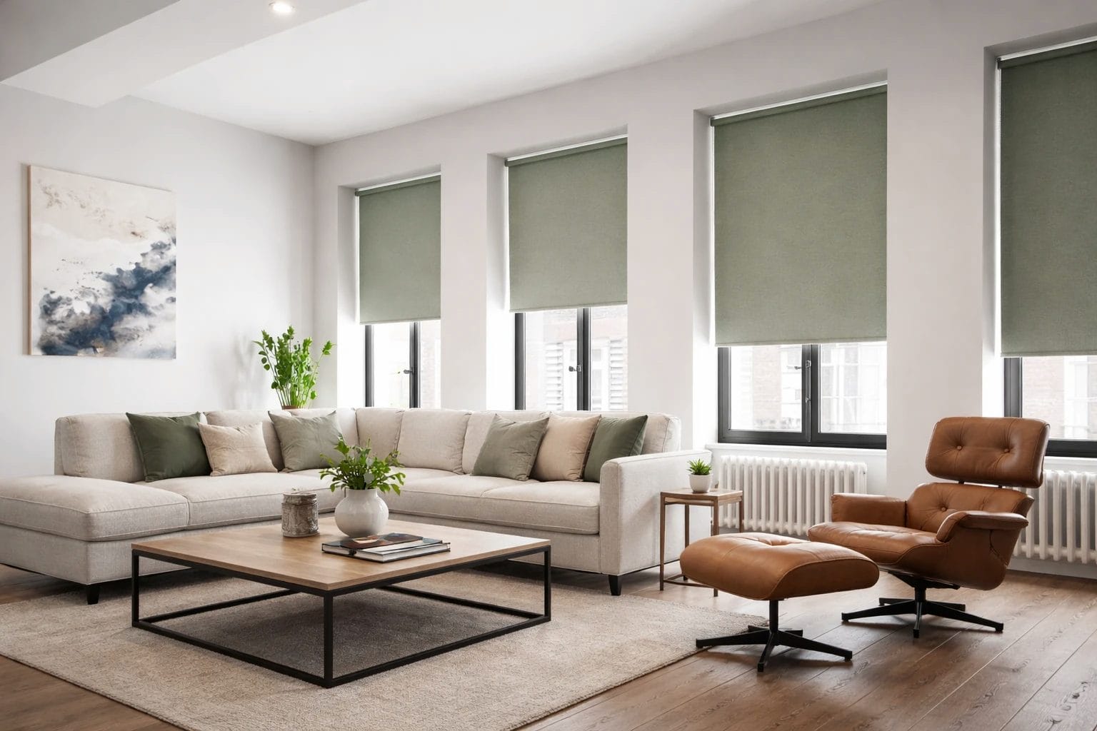 Stylish roller blinds in a living room